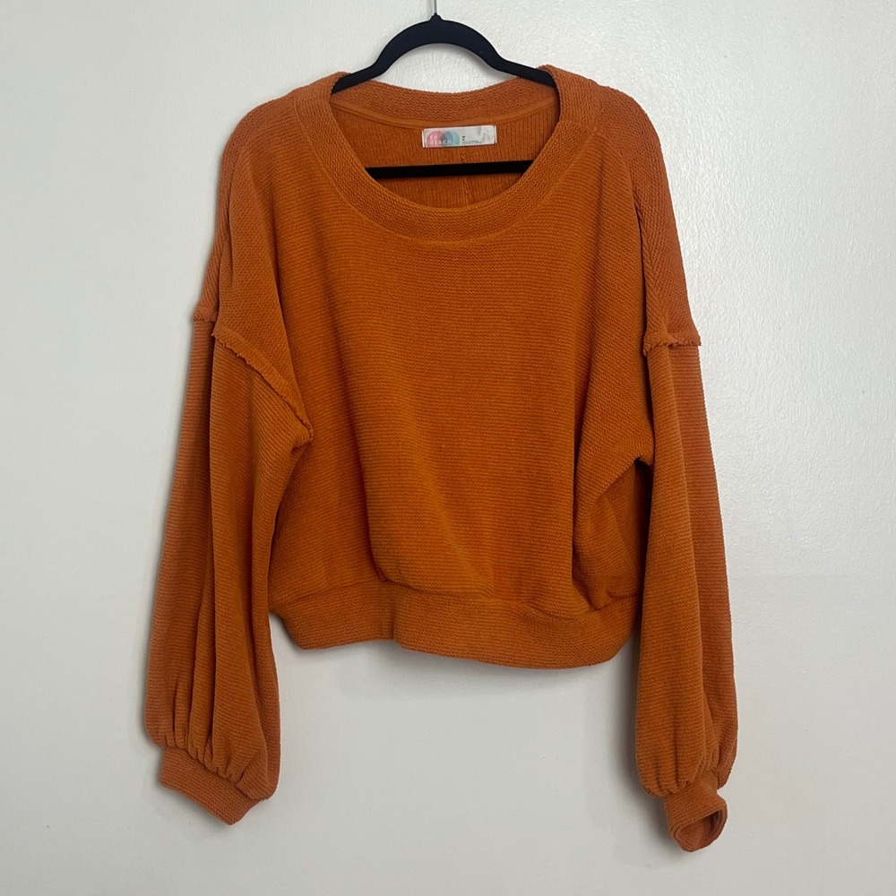 FP Beach Free People Cropped Pullover Happy Balloon Sleeve Sweater‎ Orange M